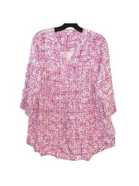 Womens 3/4 Sleeve Pink Button-Up Tunic Top By Women Within Size 18/20 Floral Pla